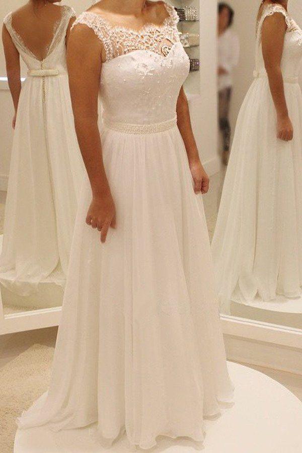 Mariage - Cap Sleeve Lace Beach Wedding Dresses, 2017 Chiffon Long Custom Wedding Gowns, Affordable Bridal Dresses, 17096