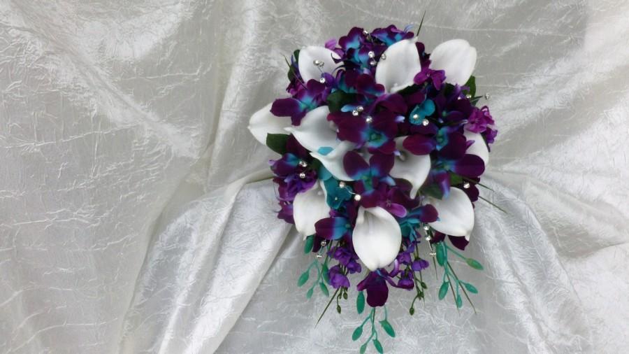 زفاف - Galaxy orchid bridal bouquet, purple blue island orchid bouquet, white real touch calla lilies, turquoise
