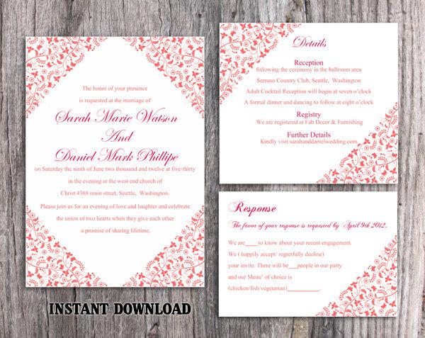 Mariage - Wedding Invitation Template Download Printable Wedding Invitation Editable Red Invitations Elegant Floral Invitation Flower Invites DIY - $15.90 USD