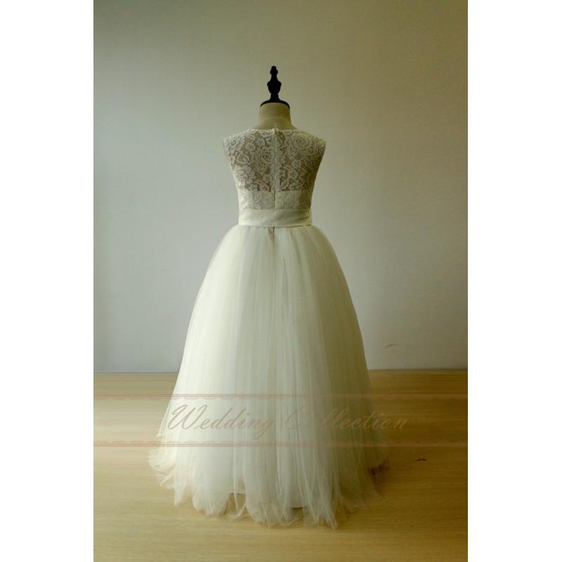 Wedding - Ivory Lace Flower Girl Dress Floor Length Sashed A Line Sheer Back - Cheap Beautiful Dresses