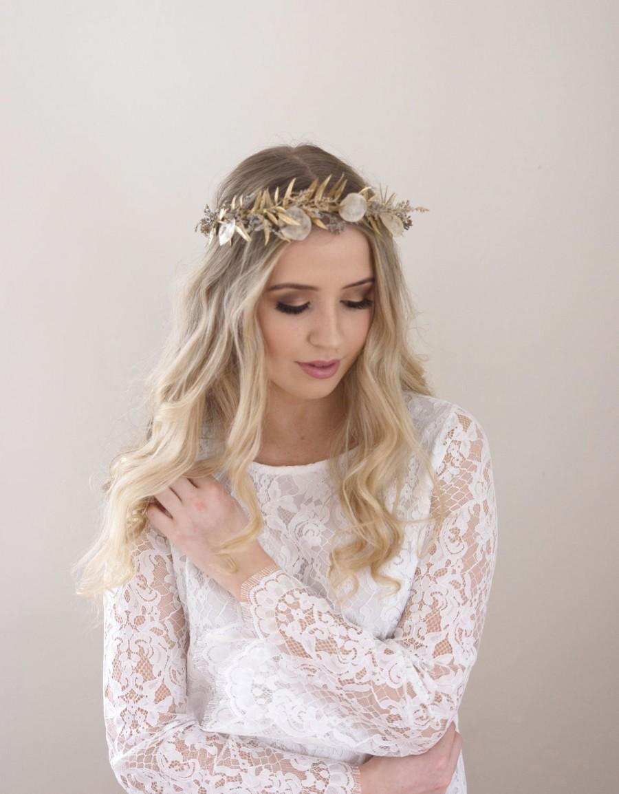 Hochzeit - Gold Bridal Crown, Dried Flower Crown, Bridal Headpiece, Boho Wedding Headpiece, Gold Hair Accessory , Romantic Wedding, Eucalyptus Crown