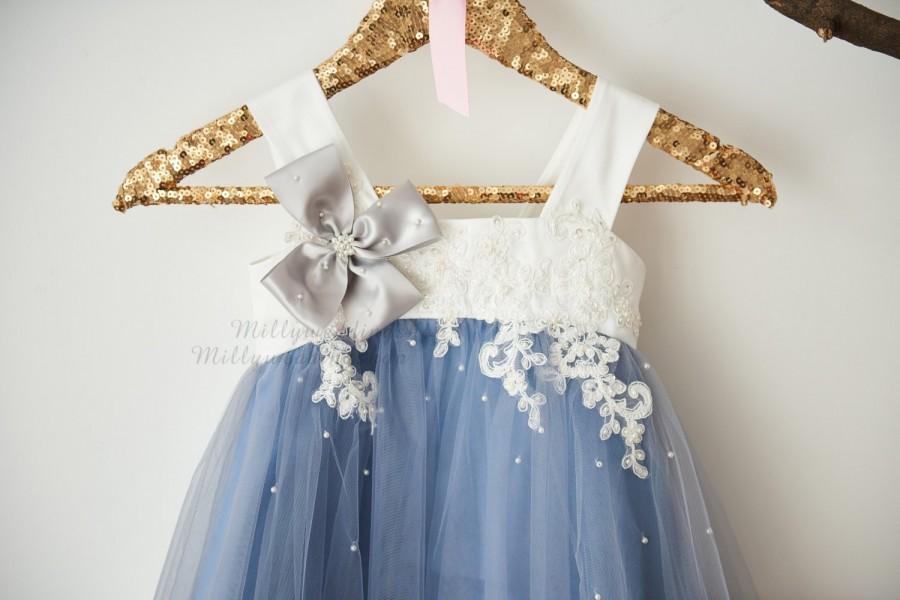 Wedding - Dusty Gray Tulle Beaded Lace Satin Flower Girl Dress Wedding Bridesmaid Dress M0058
