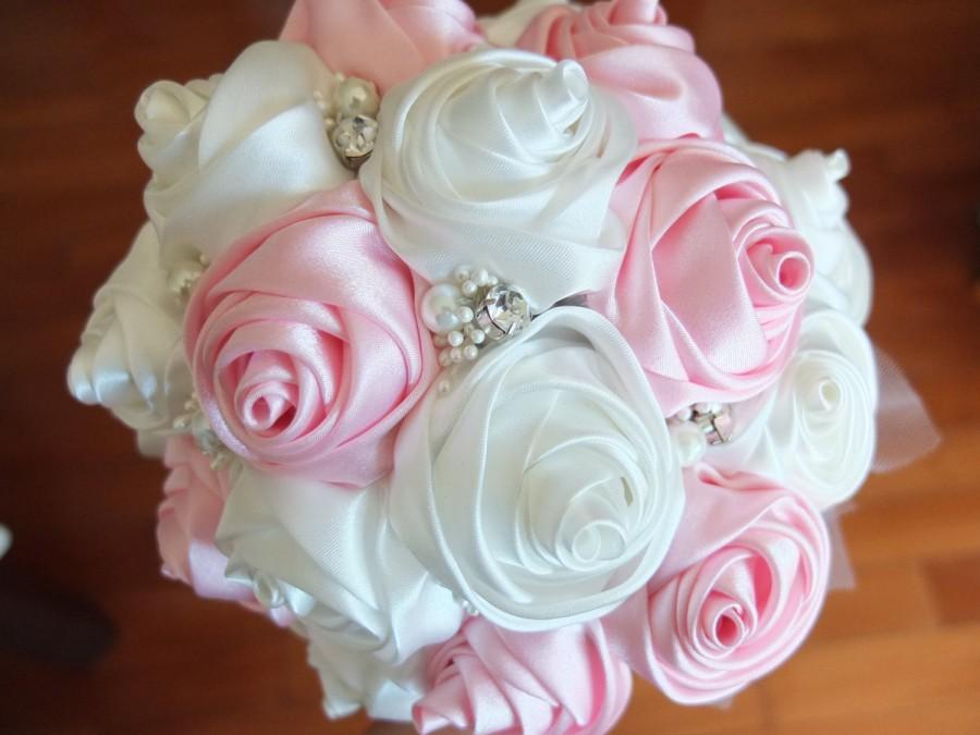 Mariage - Satin Rose Bouquet, Ribbon Rose bouquet, Pink & Ivory fabric rose accented with rhinestone (Medium, 7 inch)