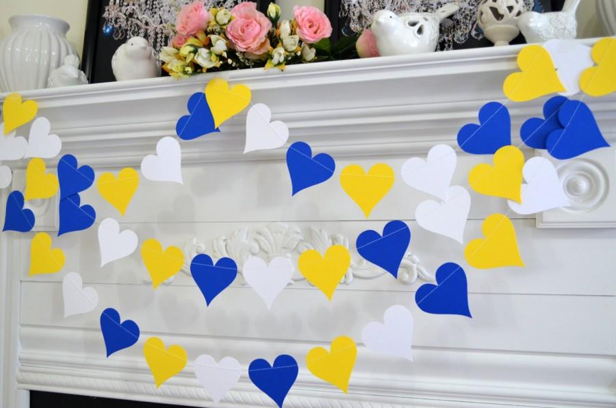 Hochzeit - Blue white yellow paper heart garland, Wedding garland, party decor, shower decorations, heart garland, paper hearts, bridal shower decor