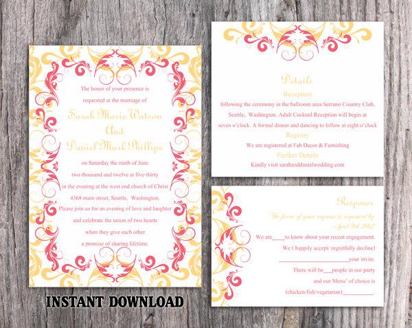 Wedding - Wedding Invitation Template Download Printable Wedding Invitation Editable Invites Elegant Pink Invitations Yellow Wedding Invitations DIY - $15.90 USD