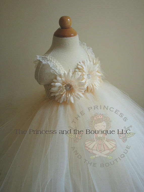Wedding - Ivory and champagne tutu dress, ivory and champagne flower girl dress. www.theprincessandthebou.etsy.com