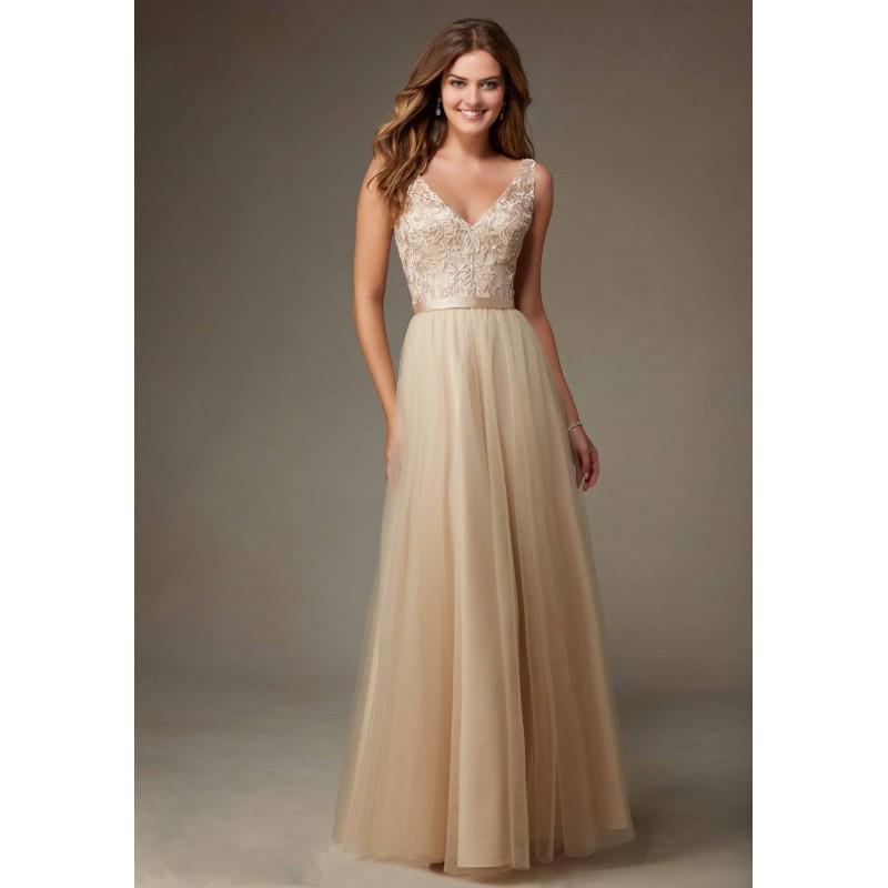 Mariage - Long Champagne V Neck Tulle Bridesmaid Dress With Appplique Makes You Intellectuality - dressosity.com