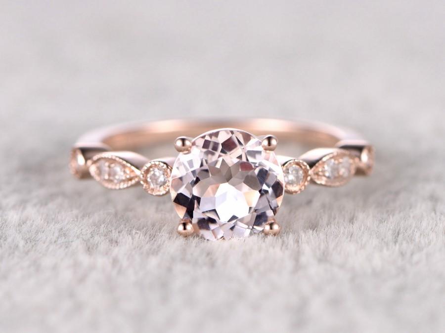 Hochzeit - Morganite Engagement ring Rose gold,Diamond wedding band,14k,6.5mm Round Cut,Gemstone Promise Bridal Ring,Art Deco matching band,ball-prong