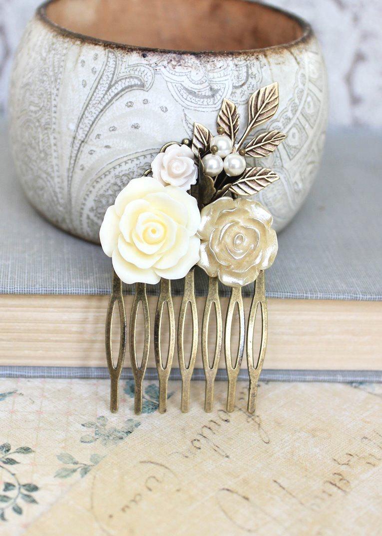 Wedding - Romantic Floral Bridal Hair Comb Ivory Cream Rose Gold Wedding Hair Piece Flower Collage Pearl Comb Branch Leaves Womens gift Vintage Style
