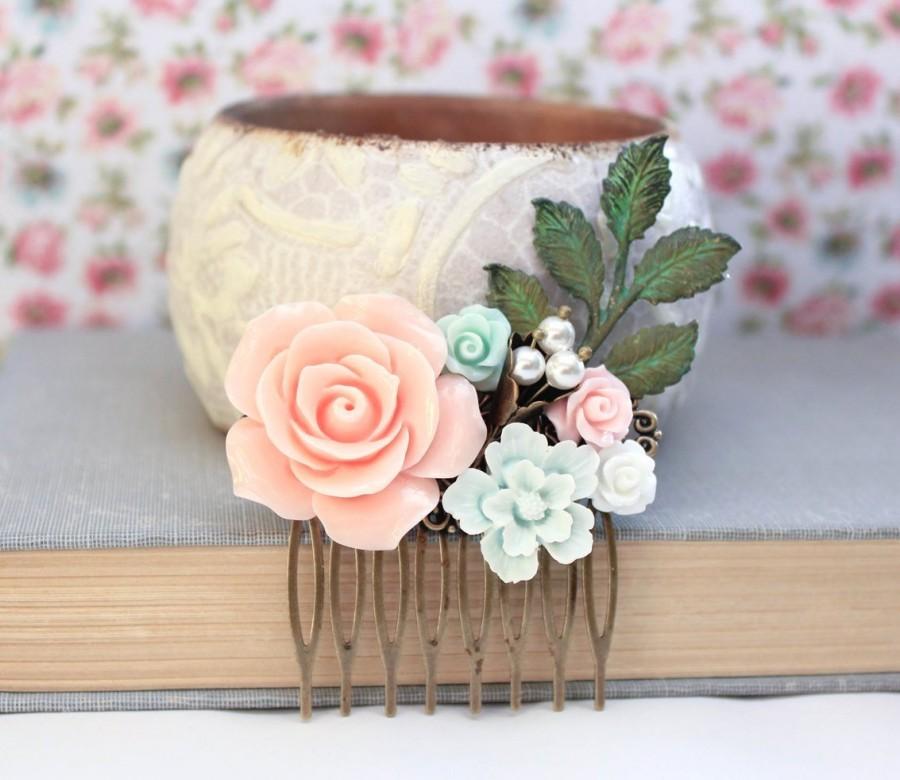 Hochzeit - Flower Hair Comb Wedding Hair Accessories Floral Collage Comb Green Patina Branch Pink Rose Hair Piece Rustic Country Chic Bridal Comb