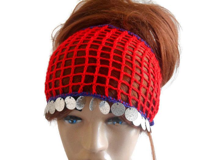 Mariage - Red Knit Head band, Women Headband, Gypsy Headband, Adult Head band, Turban Head band, Head band Adult, Crochet Head band, Festival Headband