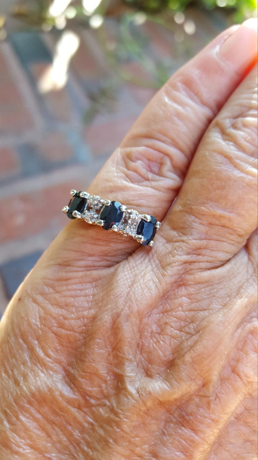 Свадьба - sapphire diamond wedding band ring size 6 1970's 1.5ct genuine natural blue sapphire genuine natural diamonds gold vermeil sterling ring