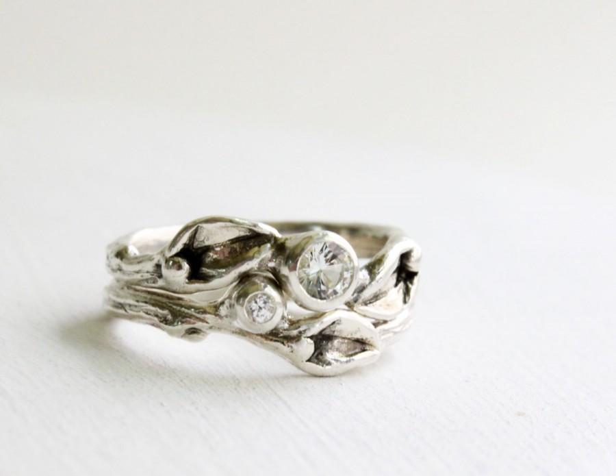 Hochzeit - Leaf Ring,White Sapphire Engagement Ring Set, Leaf Ring, Silver Branch Ring,Twig Ring, Leaf Engagement Ring