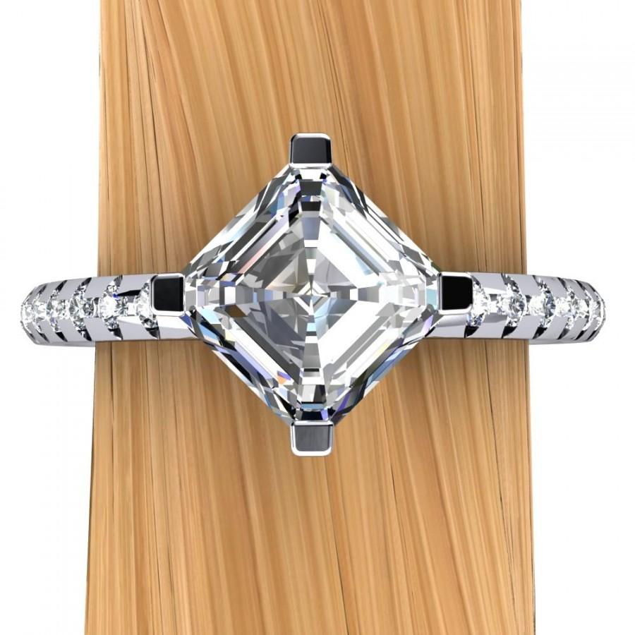زفاف - Platinum Asscher Diamond Engagement Ring, One Carat Modern Melee Setting - Free Gift Wrapping