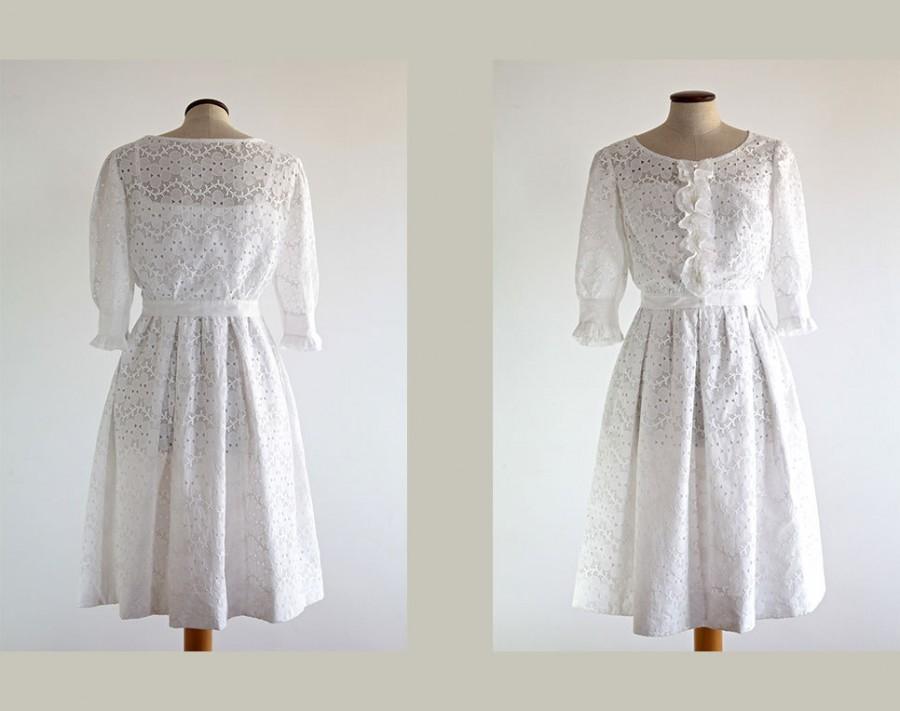 Wedding - FINAL SALE Vintage Lace Short Wedding Dress and Jacket, White Guipure Dress, 60s Tea Length Bridal Gown, Stripes Midi Dress, Haute Couture