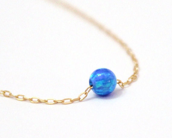 زفاف - Blue Opal Necklace, Sterling Silver, Opal Bead Necklace, Tiny Opal Necklace, Ball Necklace, Dot Opal Necklace
