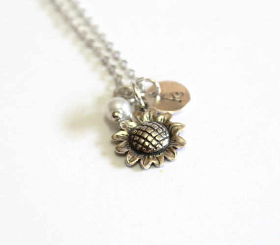 Wedding - Sunflower Sterling Silver Necklace, Sunflower Necklace, Tiny Silver Necklace, Personalized Silver Disc, Monogram Charms, Silver Personalized