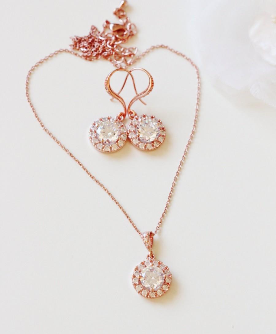 Hochzeit - Rose Gold Bridal Jewelry Set Bridesmaid Gift Set Rose Gold Wedding Jewelry Set Round Rose Gold Earrings and Necklace Set Bridal Party Gifts