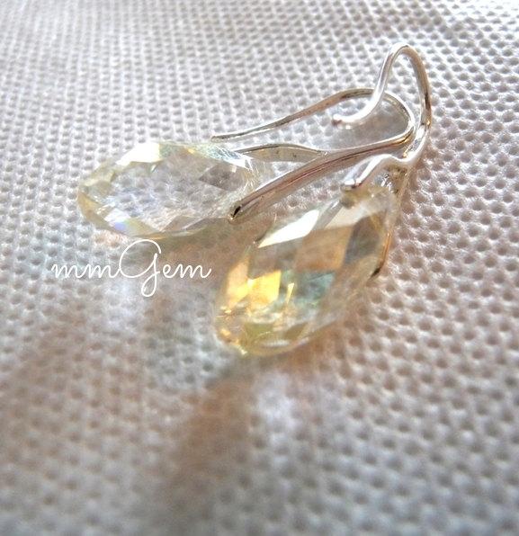 Hochzeit - Crystal earrings, teardrop, faceted crystal, Swarovski, mid briolette, dangle, drop, silver plated, clear, clear ab, luster, quartz