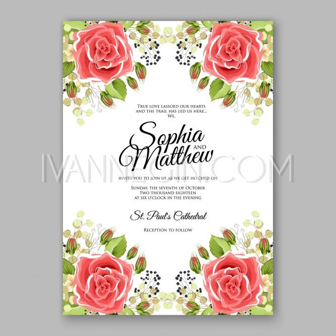 Wedding - Pink red rose Floral Wedding Invitation Printable Gold Bridal Shower Invitation Suite Boho Flower - Unique vector illustrations, christmas cards, wedding invitations, images and photos by Ivan Negin