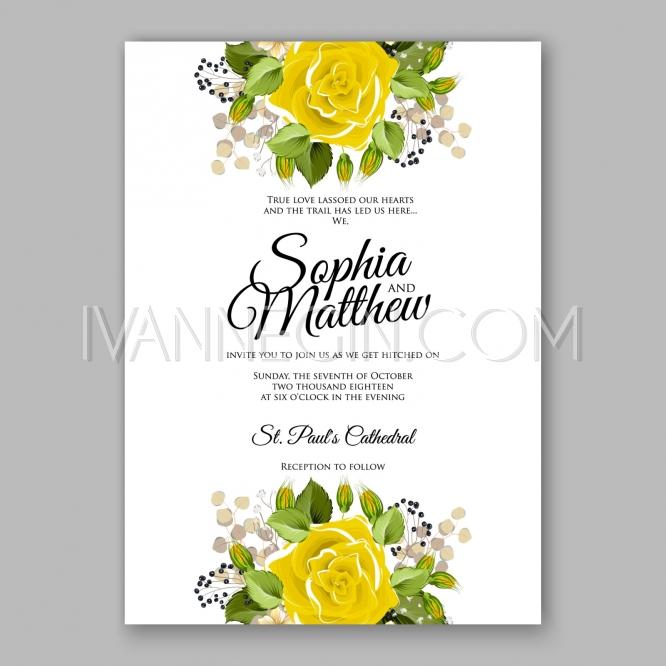 Wedding - Yellow rose Floral Wedding Invitation Printable Gold Bridal Shower Invitation Suite Boho Flower wrea - Unique vector illustrations, christmas cards, wedding invitations, images and photos by Ivan Negin