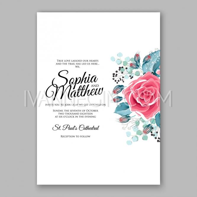 Mariage - Pink red rose Floral Wedding Invitation Printable with menthol leaves Bridal Shower Invitation Suite - Unique vector illustrations, christmas cards, wedding invitations, images and photos by Ivan Negin