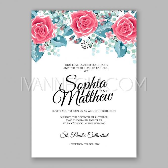 Wedding - Pink red rose Floral Wedding Invitation Printable with menthol leaves Bridal Shower Invitation Suite - Unique vector illustrations, christmas cards, wedding invitations, images and photos by Ivan Negin