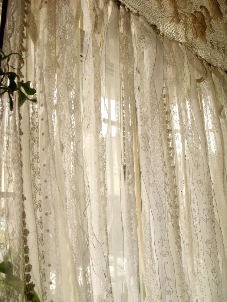 زفاف - 84" Romantic atmosphere Urban Chic Ribbon Rag Vintage Crochet Lace Wedding Backdrop Shower Curtain White