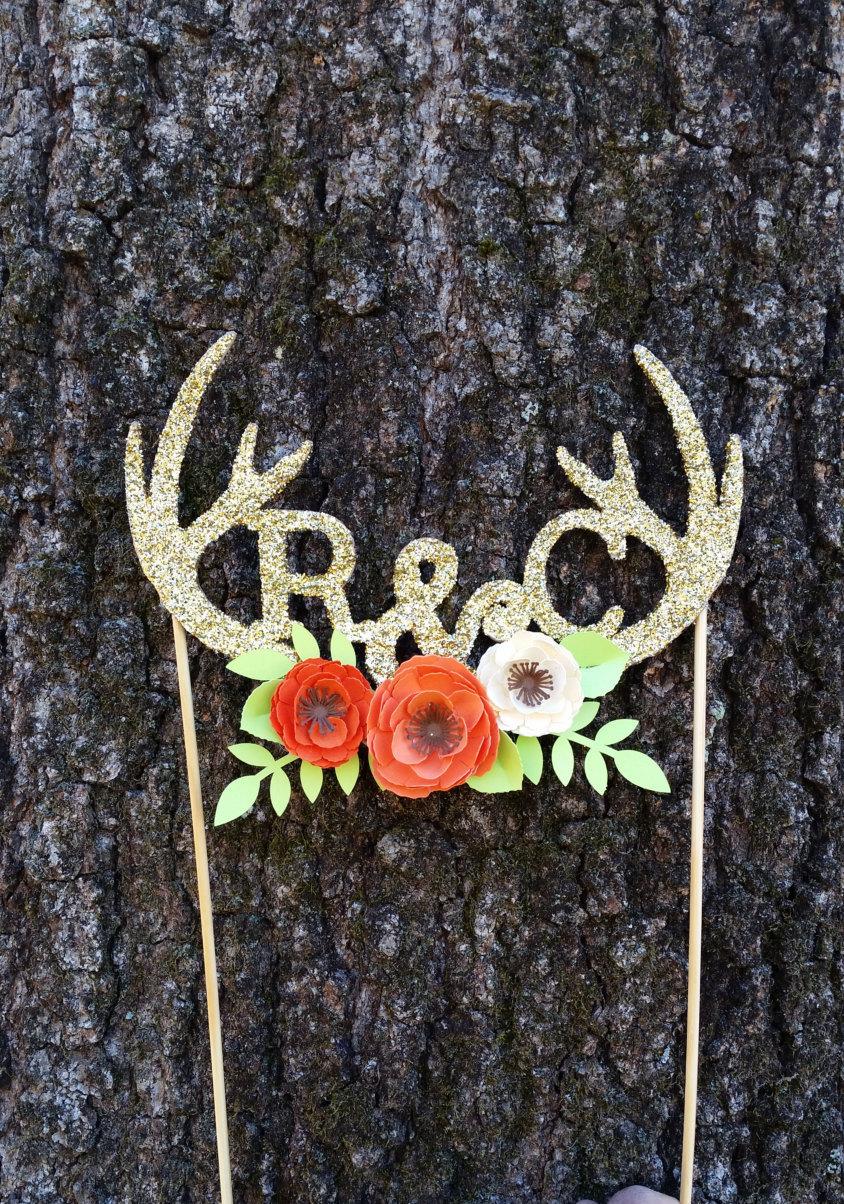 Wedding - Antler Cake Topper, Wedding Cake Topper, Gold Cake Topper, Antlers and Flowers, Initial Cake Topper, Initial Monogram Cake Topper