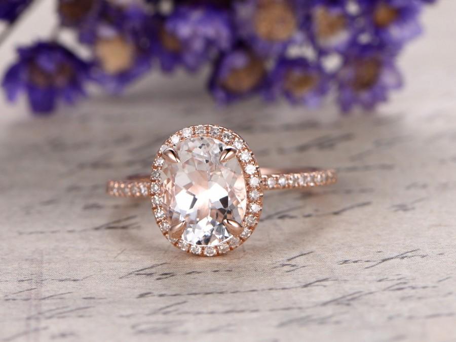 Mariage - white Topaz engagement ring with diamond ,Solid 14k rose gold,promise ring,bridal,7x9mm oval cut custom made fine jewelry,prong set