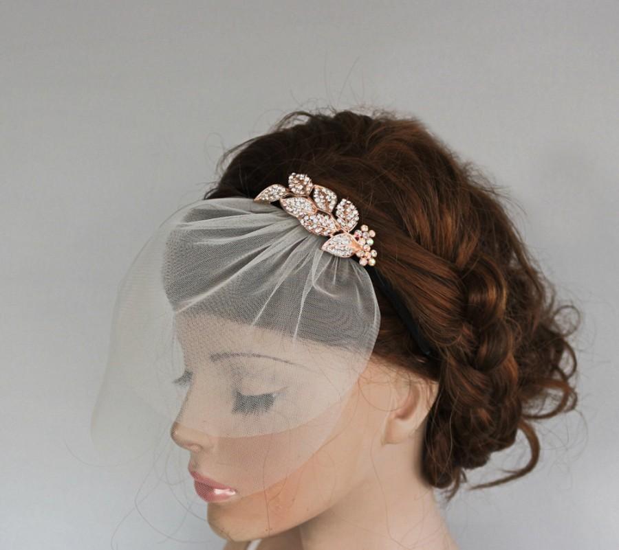 Wedding - Bridal Headpiece with Veil Rhinestone Headband, Detachable Two Tier Mini Tulle Blusher, Wedding Hair Accessory Crystal Headpiece, Handmade