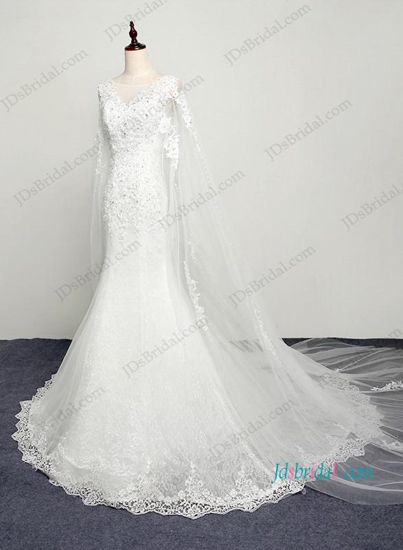 Hochzeit - H1206 Romance watteau train lace mermaid wedding dress