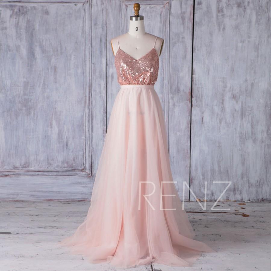 Mariage - 2017 Rose Gold Sequin Bridesmaid Dress, A Line Mesh Wedding Dress, V Neck Spaghetti Straps Ball Gown, Sexy Backless Prom Dress Full (HQ400)