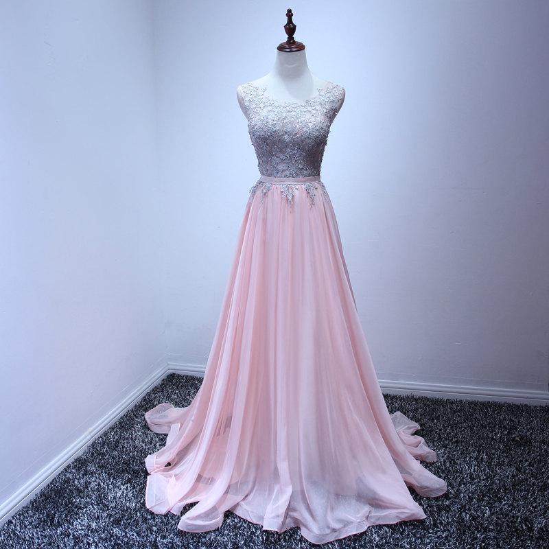Hochzeit - Nude Pink Long Bride Bridesmaid Dresses 2017Custom Made Lace Preal Beaded Girls'Prom Evening Party Dresses Charming Sleeveless Chiffon Dress