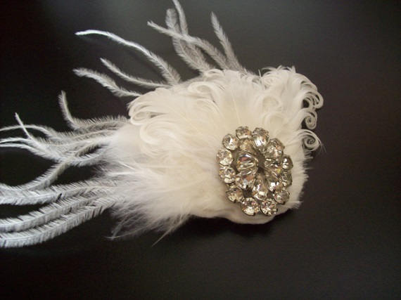 Свадьба - OOAK DESIGNER COUTURE headpiece - 1950s Vintage Rhinestone Jewelry Feather Fascinator, Bridal Headpiece, Bridal Hairpiece, Wedding Accessory