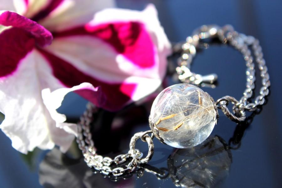 Свадьба - Dandelion bracelet with real seeds, double chain, Make a wish Handmade Jewelry, terrarium bracelet, Christmas  gift Ideas for her