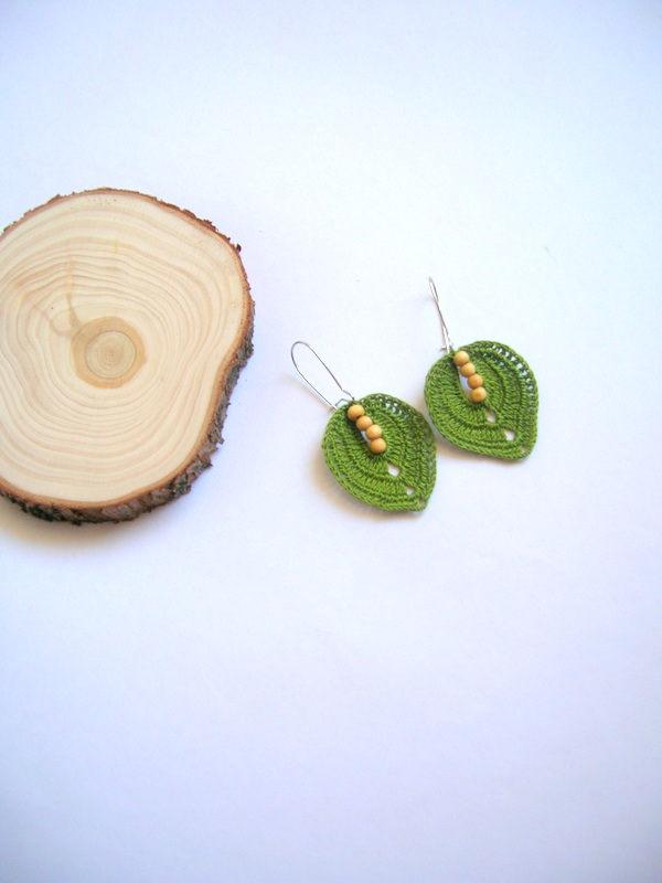 زفاف - Crochet Leaf Earrings, Stylish Leaf Earrings, Spring Earrings, Mothers Day Gift