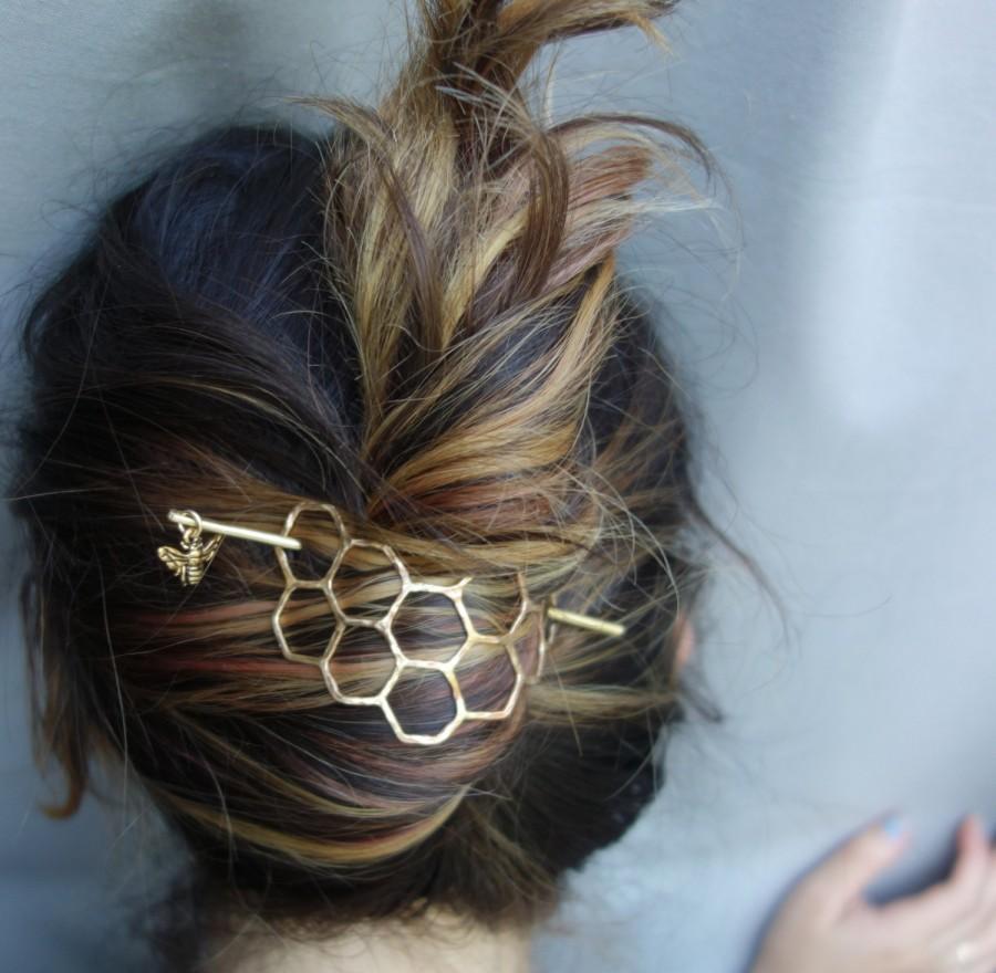 Hochzeit - Hair Ware // XL Honeycomb Brass Handmade Hair Bun Slide Pin