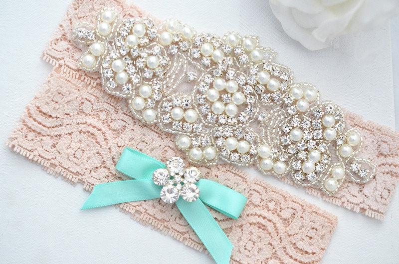 Hochzeit - SALE BLUSH Crystal pearl Wedding Garter Set, Stretch Lace Garter, Rhinestone Crystal Bridal Garters