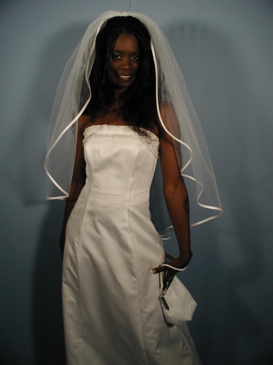 Wedding - Wedding veil fingertip length 42" long with folded satin ribbon 1/4".