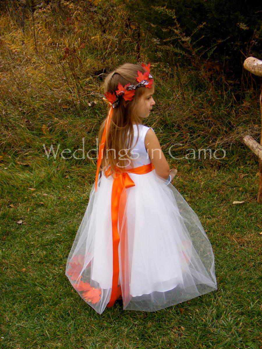 Wedding - FALL Flower Girl Dress with LEAVES and tulle skirt