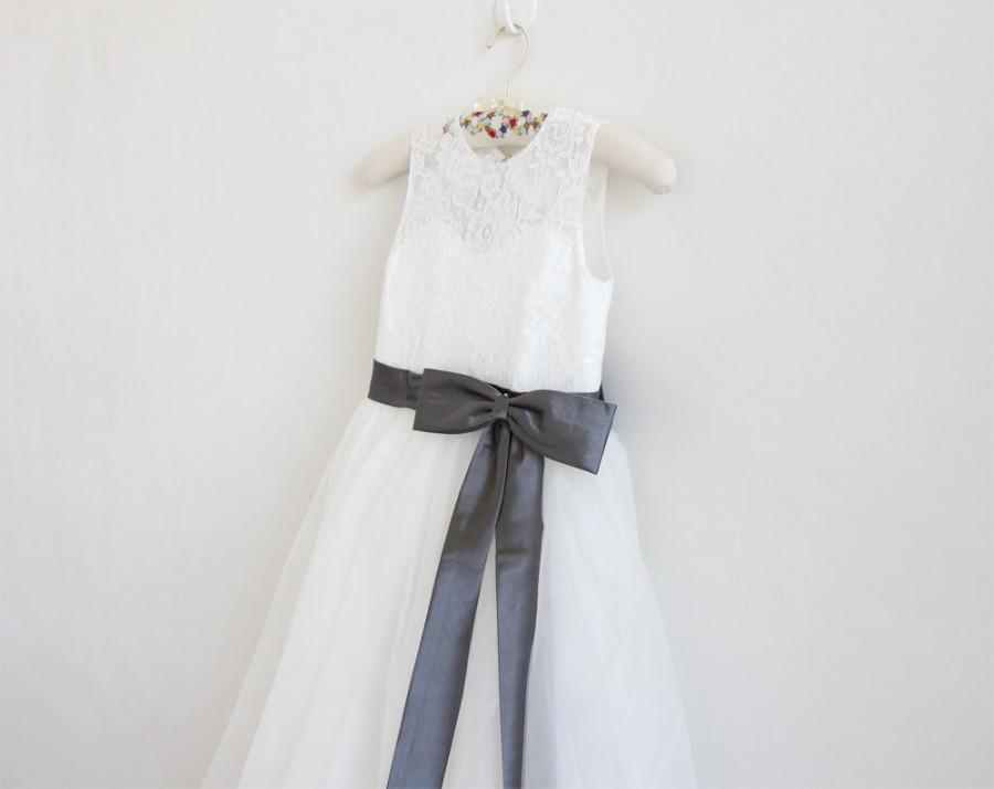 Hochzeit - Ivory Flower Girl Dress Dark Grey Baby Girls Dress Lace Tulle Flower Girl Dress With Dark Grey Sash/Bows Sleeveless Knee-length