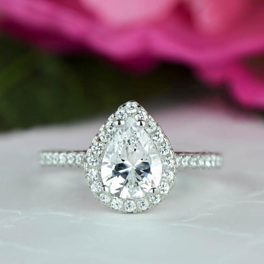 Wedding - 1.5 ctw Pear Halo Ring, Pave Wedding Ring, Man Made Diamond Simulants, Half Eternity Ring, Engagement Ring, Promise Ring, Sterling Silver