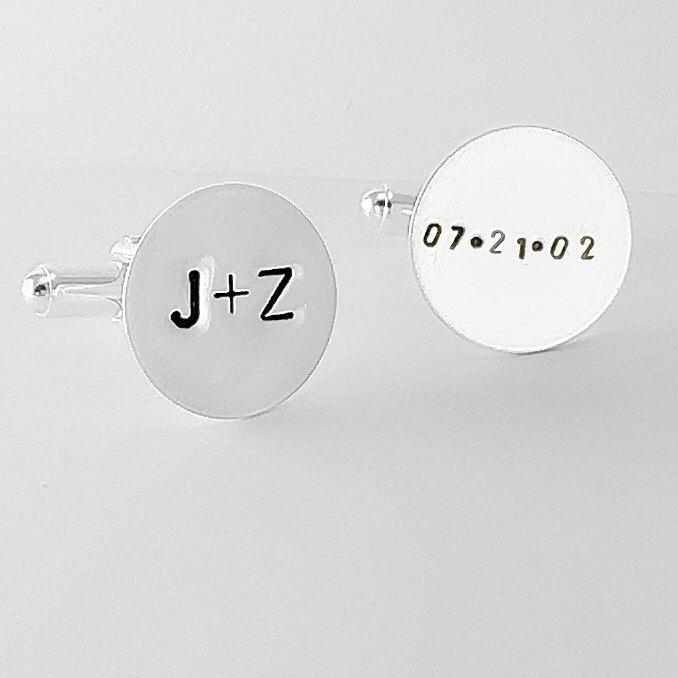 زفاف - Personalized Cufflinks Sterling Silver Hand Stamped, Wedding Date Cuff Links, Initial Cufflinks, Custom Cuff Links, Groomsmen Cufflinks