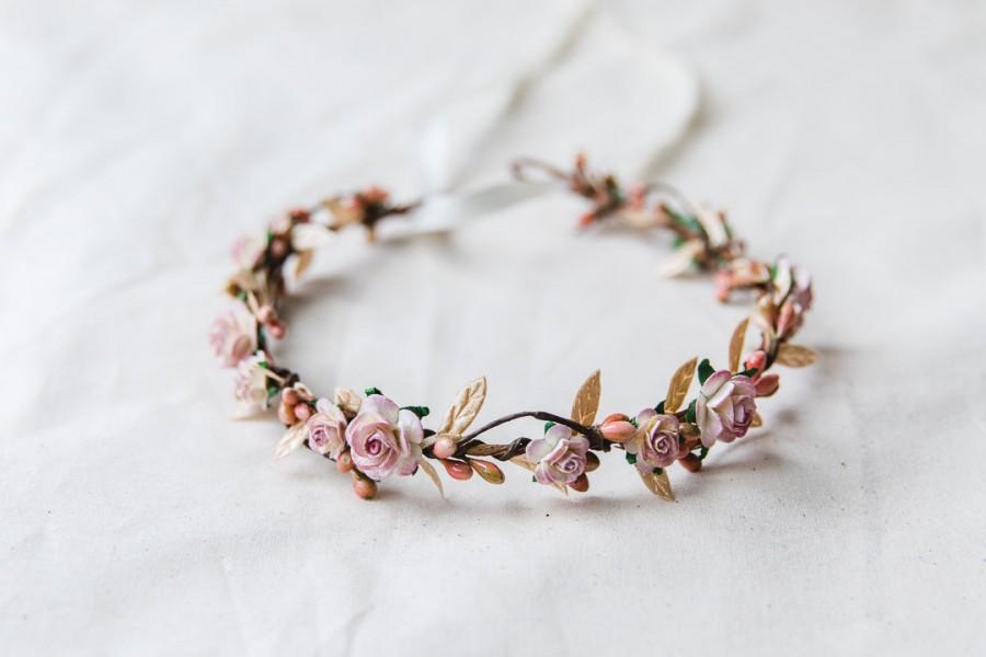 زفاف - dusty pink & gold large flower hair wreath // bridal wedding flower crown headband rustic forest garden spring woodland headpiece