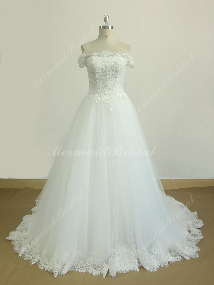Mariage - Ivory off the shoulder a line lace wedding dress with chapel train