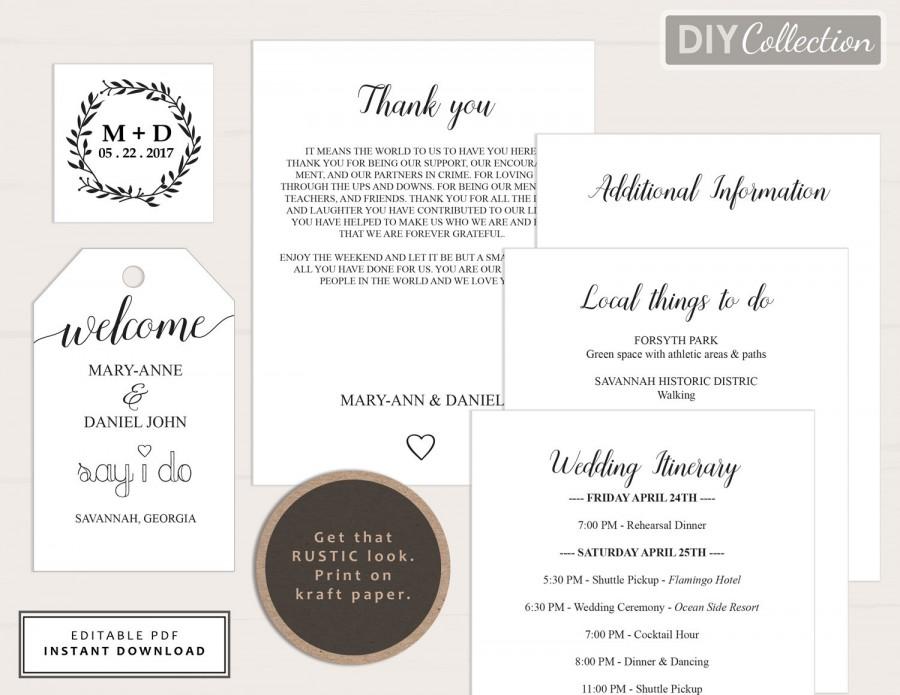Mariage - Printable Wedding Welcome Bag Note, Welcome letter, Welcome Tag, Template Kit, Instant Download, Editable PDF, GD_WT102