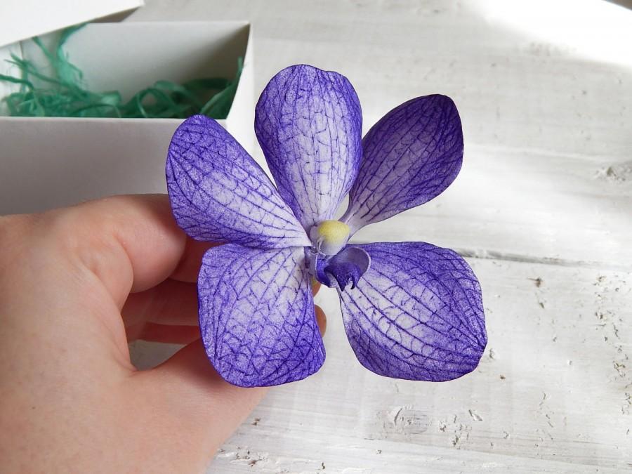 Wedding - Purple orchid hair pin, Flower hairpin , Wedding hair pin, Orchid hair piece, Violet realistic flower, Floral headpiece, Bridal headpiece - $12.00 USD