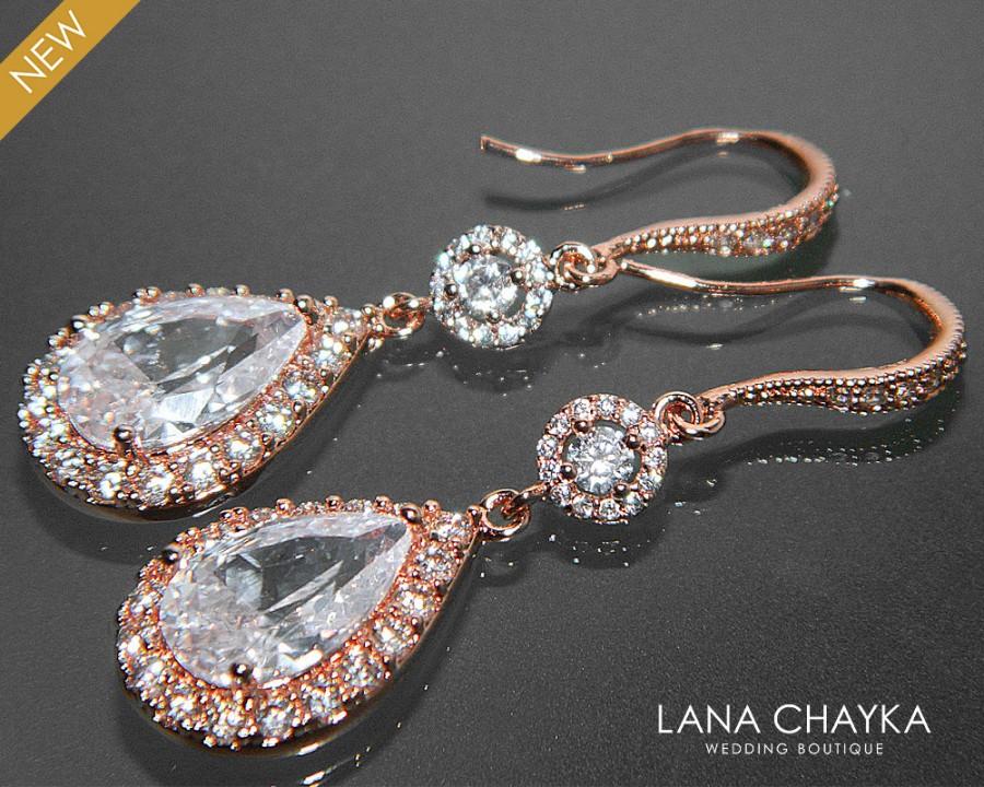 Hochzeit - Rose Gold Crystal Bridal Earrings Cubic Zirconia Chandelier Wedding Earrings Rose Gold Dangle CZ Earrings Sparkly Bridal Crystal Jewelry - $38.50 USD