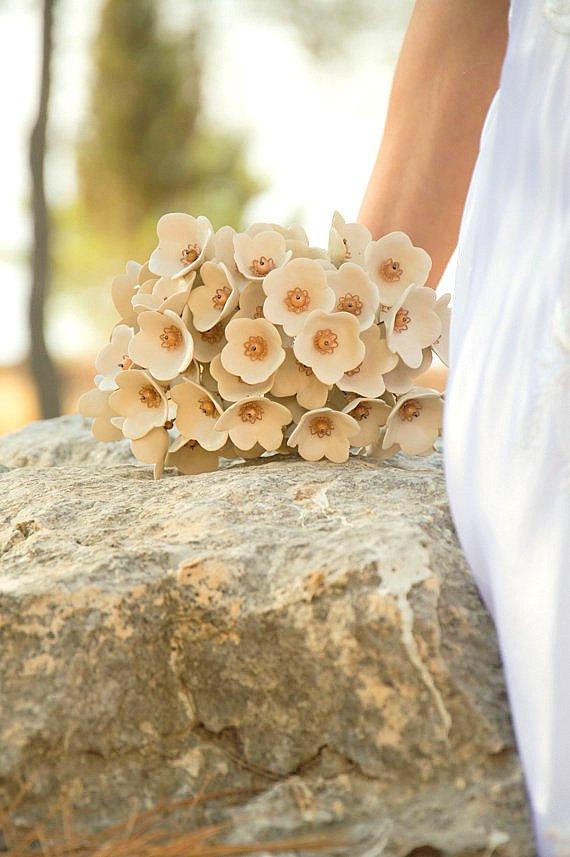 Wedding - Neutral Cream Bridal Bouquet, Ceramic Bridal Flowers, Vintage-Style, Long Stem, Gold Ribbon, Alternative Beach Wedding, Big Flower Bunch